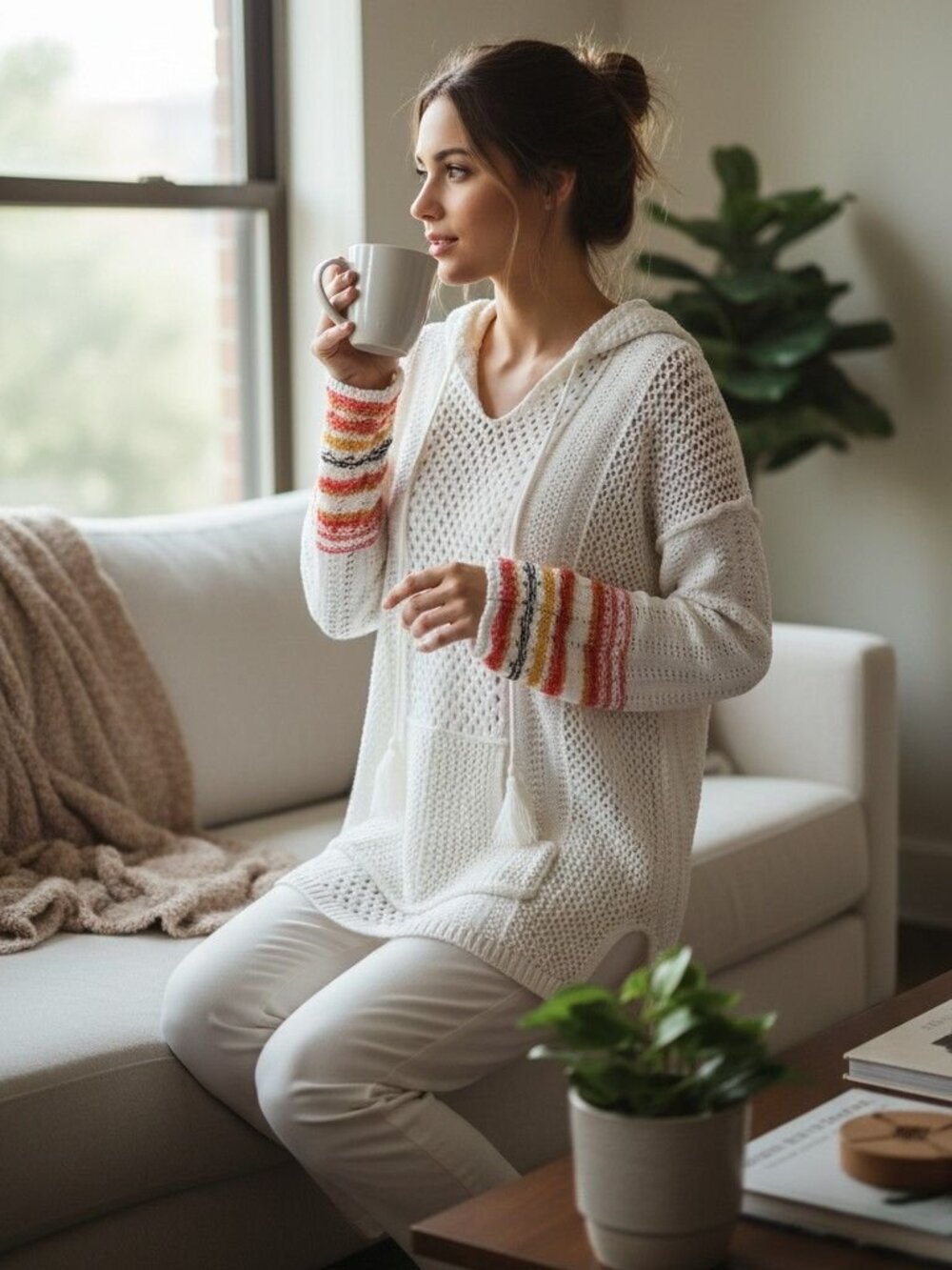 BKE Boho Crochet White Hoodie Sweater Multi-Color Striped Cuffs Indie Festival C